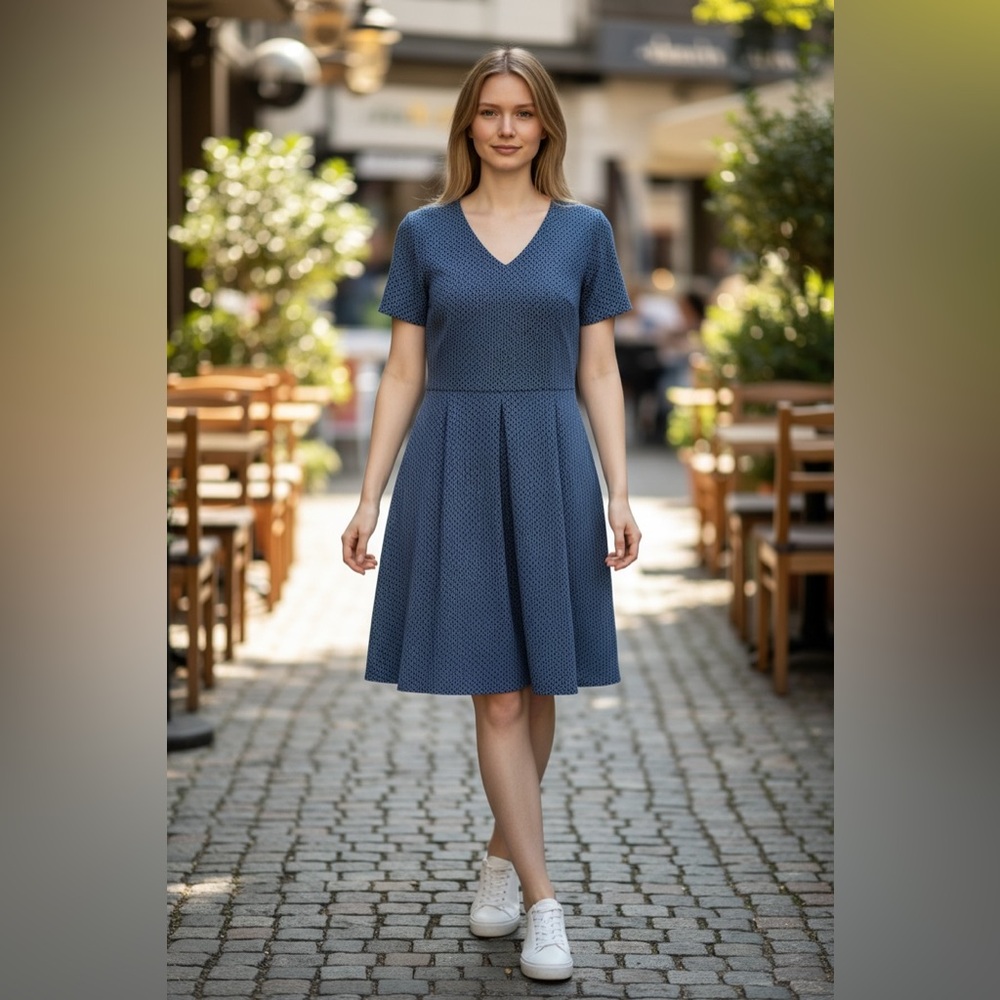 One Clothing Blue Geometric‎ V-Neck Short Sleeve Mini Skater Dress Small